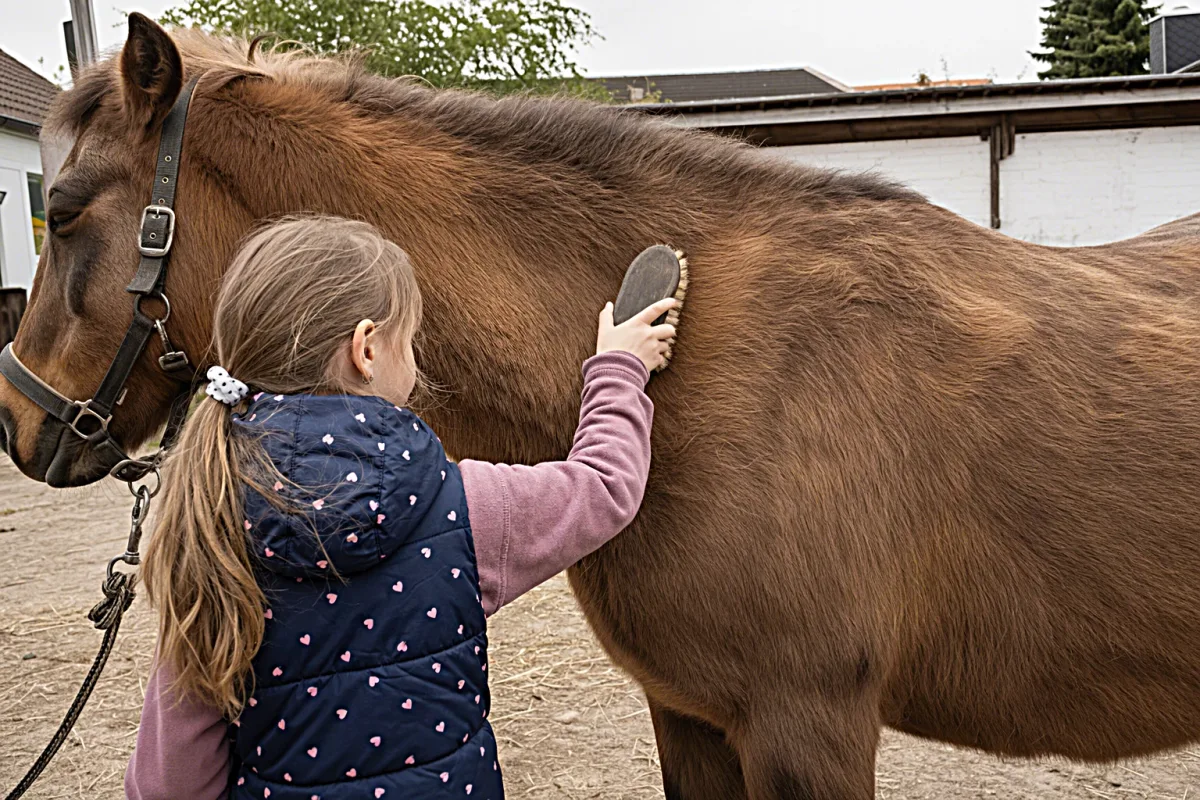 Kind putzt ruhig ein Pferd im Stall