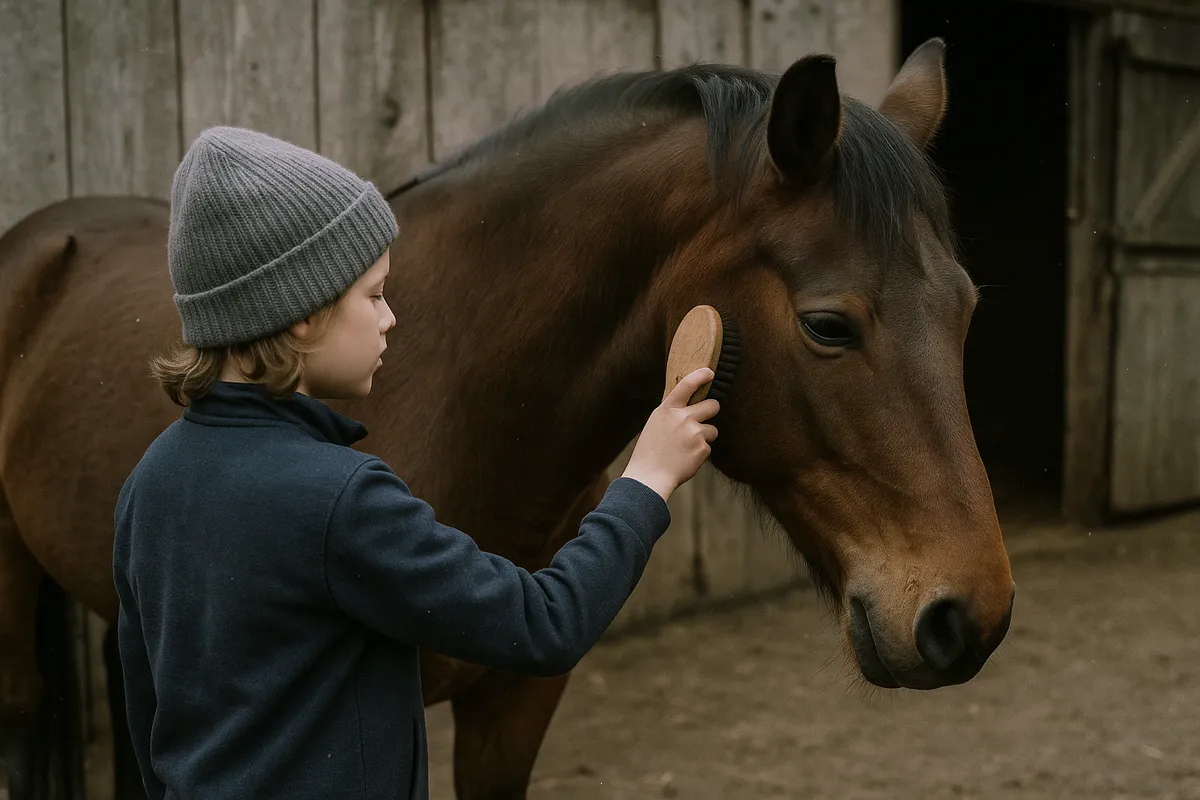 Kind putzt ruhig ein Pferd im Stall