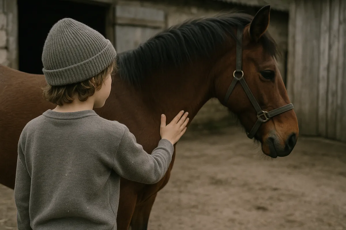 Kind steht ruhig neben einem Pferd und legt die Hand auf seine Schulter