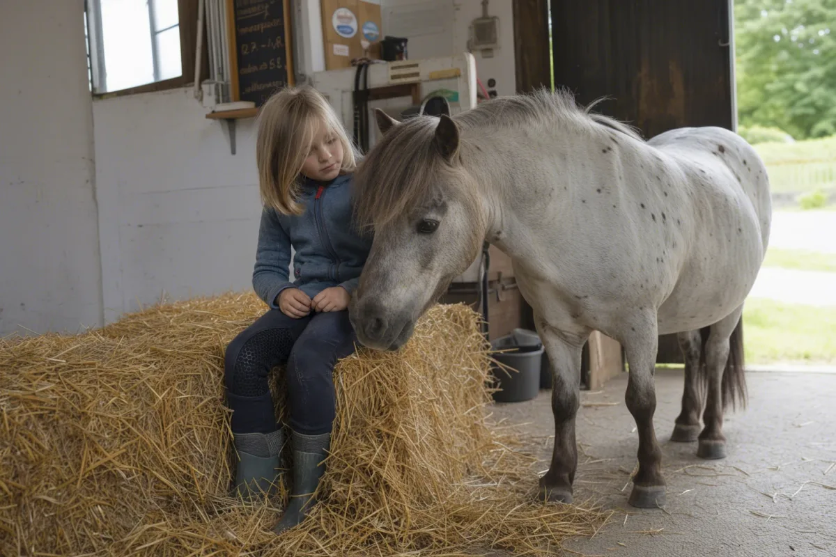 Kind verbringt ruhige Hofzeit nah bei einem Pony