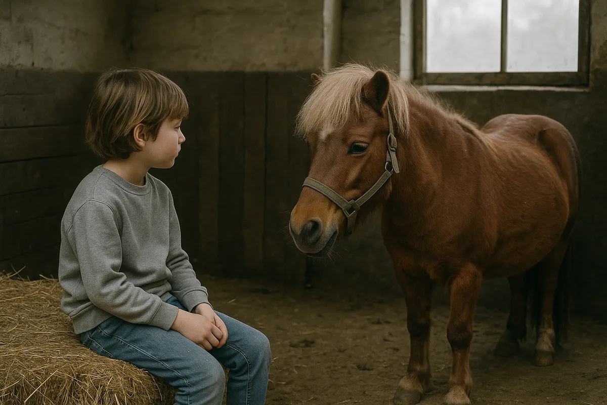 Kind verbringt ruhige Hofzeit nah bei einem Pony