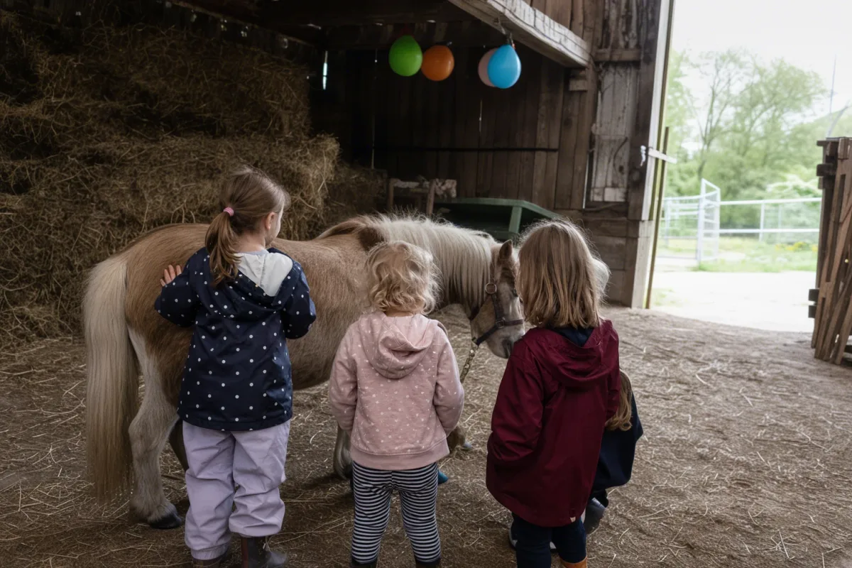 Kleine Gruppe Kinder versorgt gemeinsam ein Pony bei einem Hof-Geburtstag