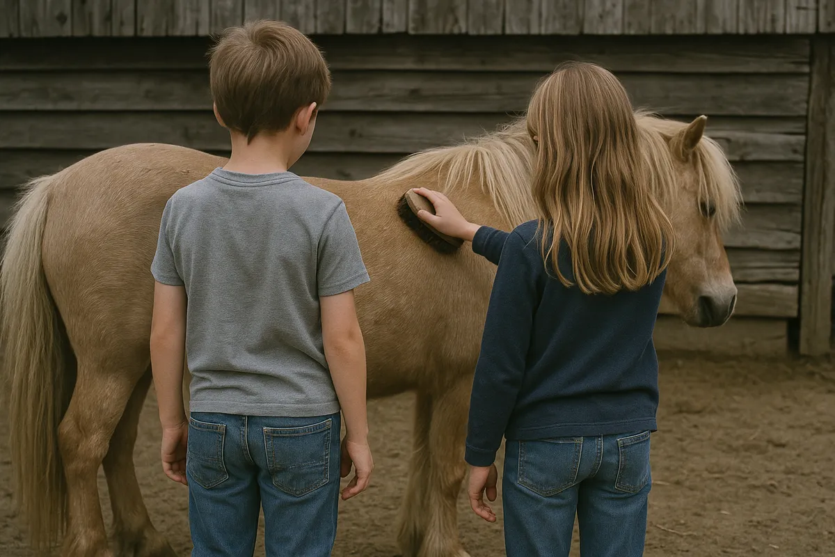 Kleine Gruppe Kinder versorgt gemeinsam ein Pony bei einem Hof-Geburtstag