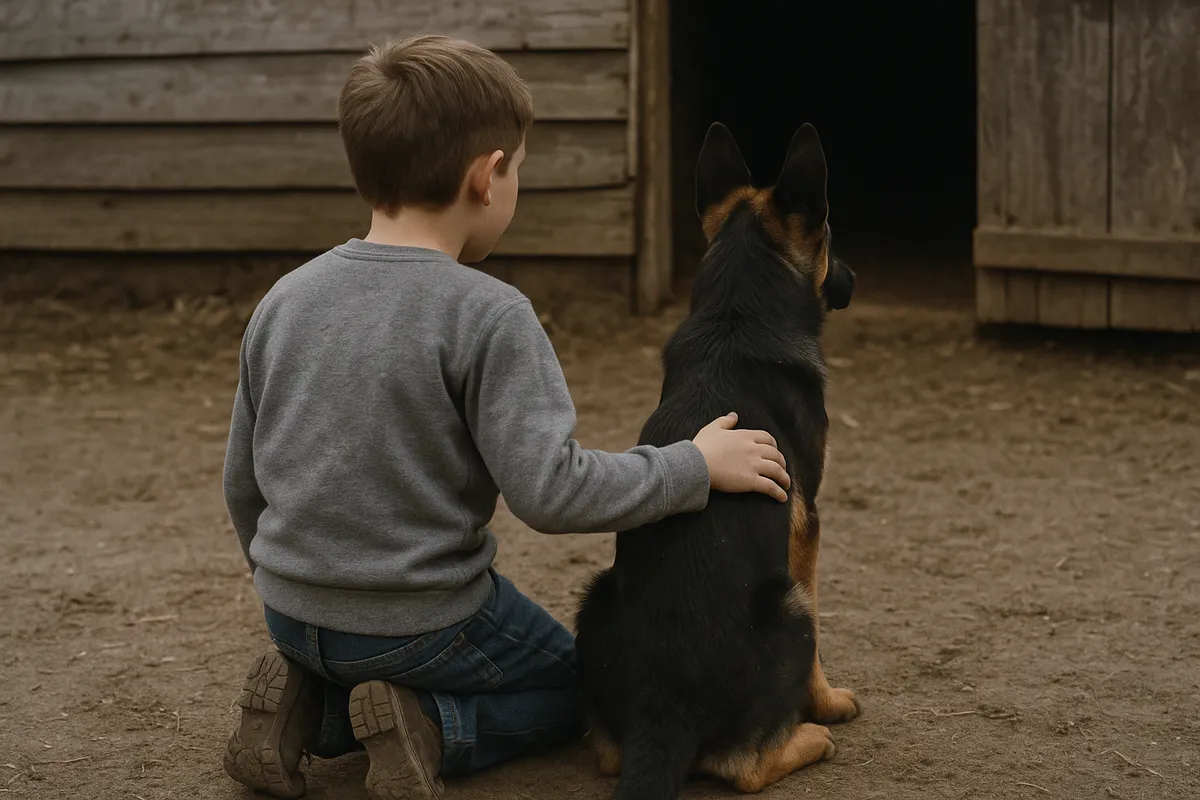Kind kniet neben dem jungen Schäferhund Maxx und hat die Hand auf seinem Rücken