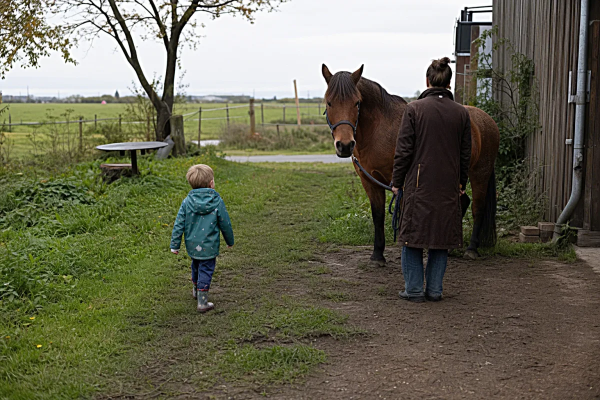 Kind kommt auf einem ruhigen Reiterhof im Grünen an und geht auf ein Pferd zu