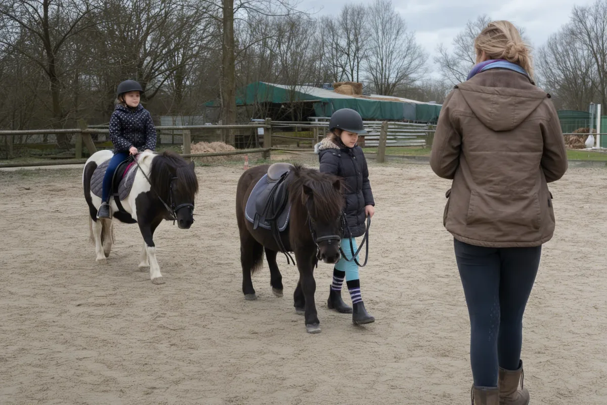 Kinder mit Helm reiten und führen Ponys bei Reiterferien in einer Reitbahn