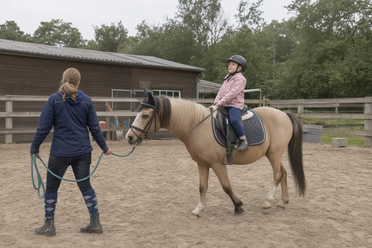 Kind sitzt aufrecht und stolz auf einem Pony, das von einer Reitlehrerin geführt wird