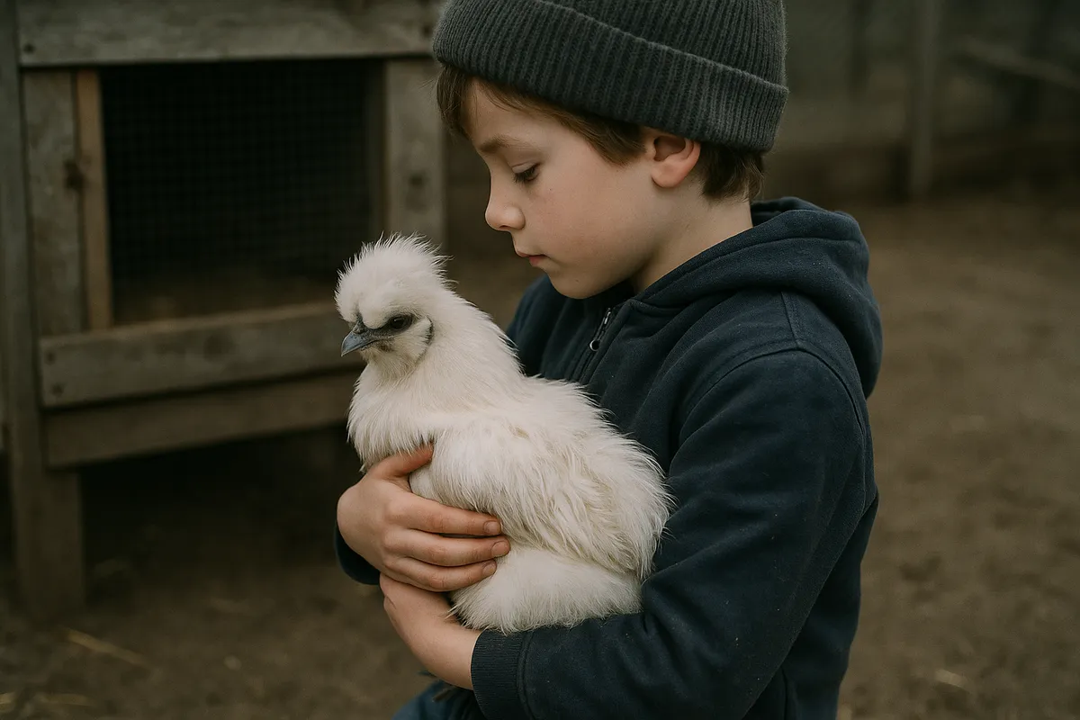 Kind hält vorsichtig ein flauschiges weißes Seidenhuhn im Arm