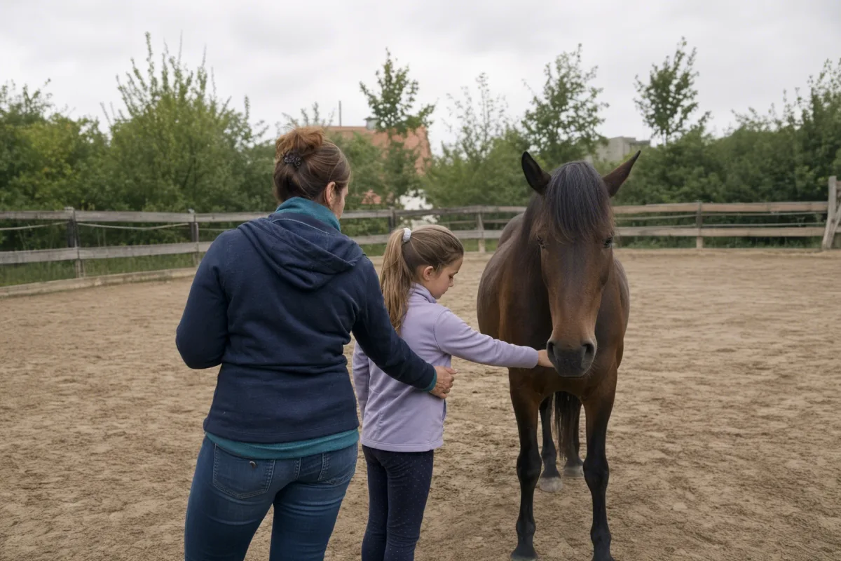 Reittherapeutin von hinten begleitet ein Kind beim Kontakt mit einem ruhigen Pferd